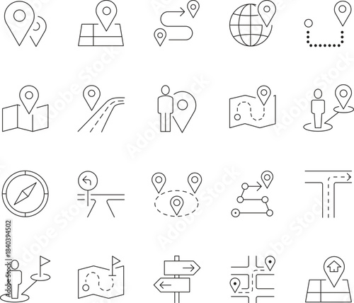 Route Line Icons Editable Stroke: Navigation, Map, Location Pin, GPS, Direction, Journey, and Travel Outline Symbols