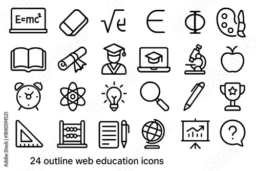 Outline icons set for education, science, learning, and academic achievement symbols
