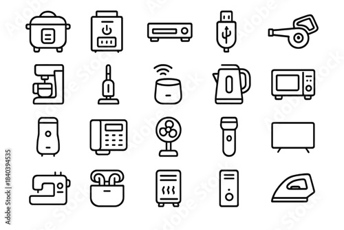 Collection of outline icons for common household appliances and consumer electronics