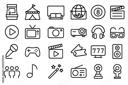 Set of outline icons representing entertainment, media, gaming, and leisure activities