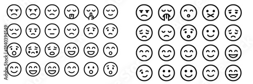 Collection of outline emoticons showing diverse human emotions and facial expressions