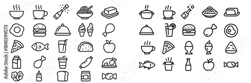 Set of essential outline icons representing food, drinks, meals, and culinary items for digital design