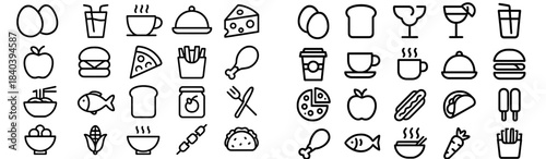 Minimalist outline symbols of popular food, drinks, and dining elements for menus and apps