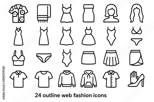 Minimalist outline icons of various clothing items and accessories for fashion and e-commerce design