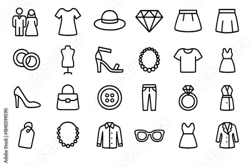 Essential fashion, apparel, and jewelry symbols for shopping and retail design projects