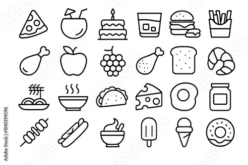 Minimalist outline icons featuring diverse food and drink items for menus and mobile applications