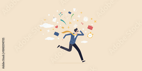 A businessman running amidst flying objects representing ideas and creative energy