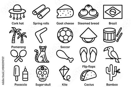 International travel symbols and global cuisine icons in minimal line art style
