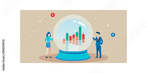 Financial market analysis represented within a snow globe people observing trends
