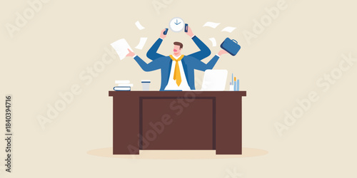 Overwhelmed professional juggling multiple tasks at a messy office workspace