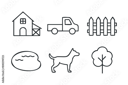 Rustic farm scene with truck, dog, and tree in simple design