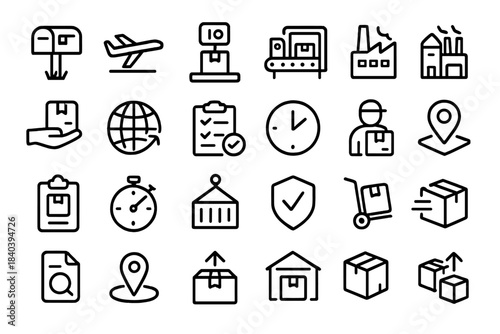 Essential symbols for global logistics, shipping, delivery tracking, and warehouse operations