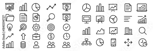 Set of symbols representing business, finance, data analytics, and management concepts