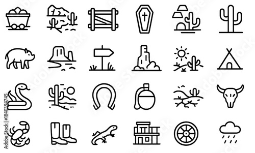 Outline icons set of Western, desert, and cowboy themes including animals, landscape, and historical objects