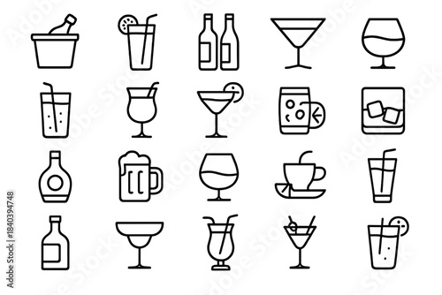 Outline symbols representing alcoholic and non-alcoholic drinks like cocktails, wine, and beer