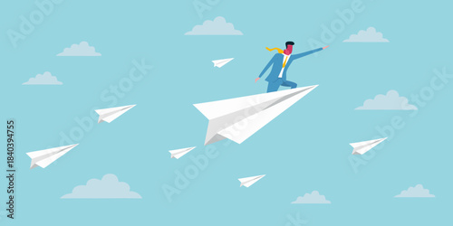 Business person flying on a paper airplane amidst fluffy white clouds