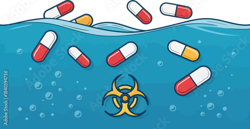 Pharmaceutical Waste Pollution Icon: Pills Floating in Blue