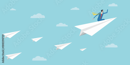 A businessman soaring through the sky on a paper airplane with others following