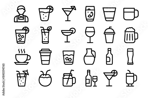 Outline symbols representing various alcoholic and non-alcoholic beverages, drinks, and glassware set
