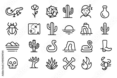 Desert and arid environment elements featuring cactus, lizard, snake, skull, and survival symbols