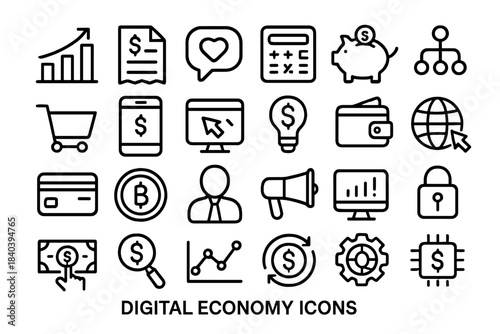 Black line icons representing digital economy, online business, finance, and global commerce