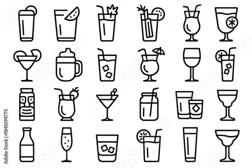 Minimalist line symbols representing various alcoholic and non-alcoholic drinks and glassware