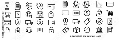 Comprehensive set of outline icons for e-commerce, online shopping, and digital payment systems