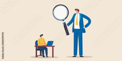 A large figure with a magnifying glass examines a person using a laptop