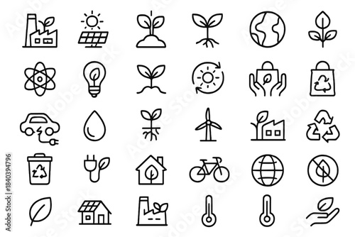 Ecology and environment thin line icons for sustainability and renewable energy