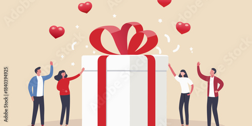 Celebration with a large gift box surrounded by people and falling hearts