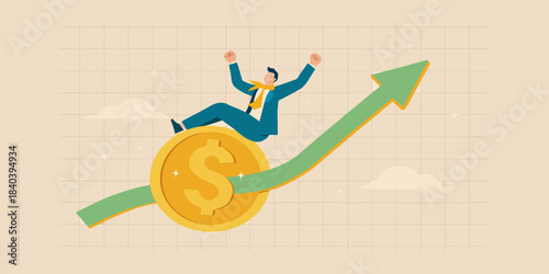 A man riding a coin atop an upward pointing green arrow symbolizing growth