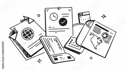Illustration of documents including a passport, calendar, and a newspaper with a map