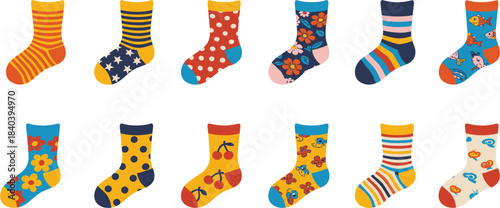 Colorful patterned socks with various playful designs and motifs footwear clothing