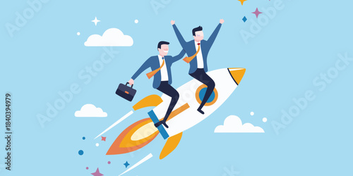Businessmen celebrating success riding a rocket into the sky with clouds