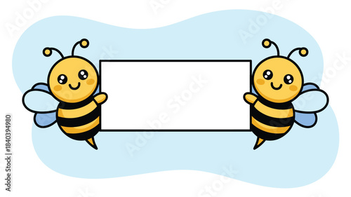 Cute Cartoon Bees Holding Blank White Sign on Light Blue Background