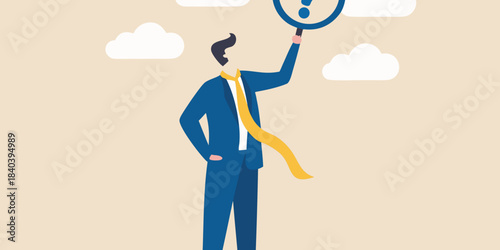 A businessman searches for answers with a magnifying glass in the clouds