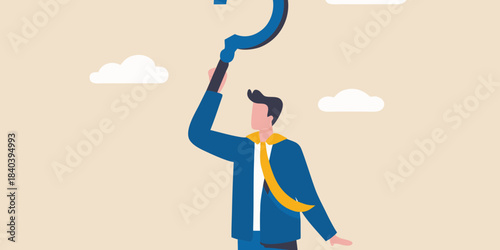 A man reaching for a blue question mark in a sky with clouds