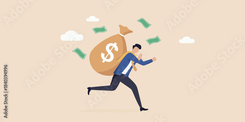 A businessman is running away with a bag of money escaping with wealth
