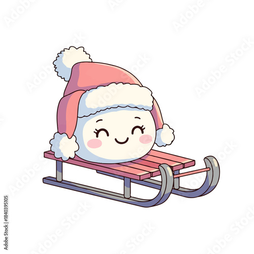 A cheerful, cute cartoon character in a pink winter hat smiles happily while riding a wooden sled, embodying the joy of winter fun and holiday spirit.