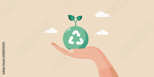 A hand cradling a seedling growing from a recycled egg sustainability concept