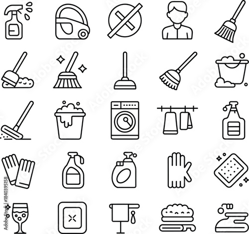 Comprehensive Set of Cleaning Supplies and Tools Icons hygiene sanitation