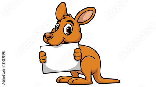 Cute Orange Cartoon Kangaroo Holding a Blank White Sign with Black Outline Illustration