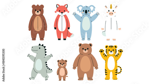 Eight Adorable Animal Characters, Including Bear, Fox, Koala, Unicorn, Dinosaur, and Tiger, Standing on a White Background