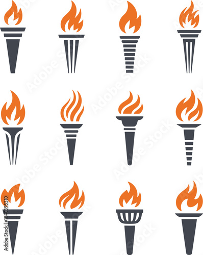 Collection of Torch Icons with Orange Flames and Dark Gray Handles vector illustration