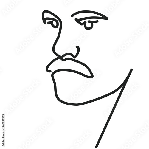 Profile of a man with a mustache one line drawing. Profile of a man with a mustache single line illustration. Profile of a man with a mustache minimalist line art
