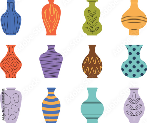Decorative ceramic vases in various shapes, colors, and abstract patterns pottery container