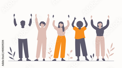Group of diverse people cheering with hands raised, stylized illustration on light background