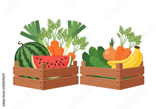 Two wooden crates full of fresh fruits and vegetables