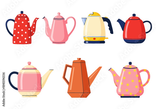 Set of six colorful teapots and electric kettle, kitchenware collection