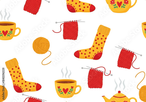 Seamless pattern with knitting theme coffee cups, socks, yarn balls, and knitting projects